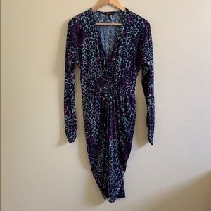 BCBG purple and blue leopard long sleeve dress